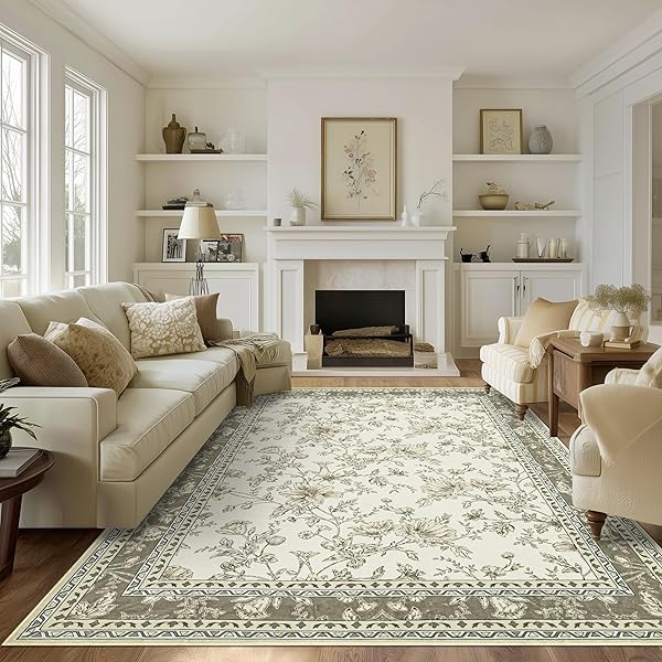 GREYISH BEIGE FLORAL RUG 5X7 MACHINE WASHABLE AREA...