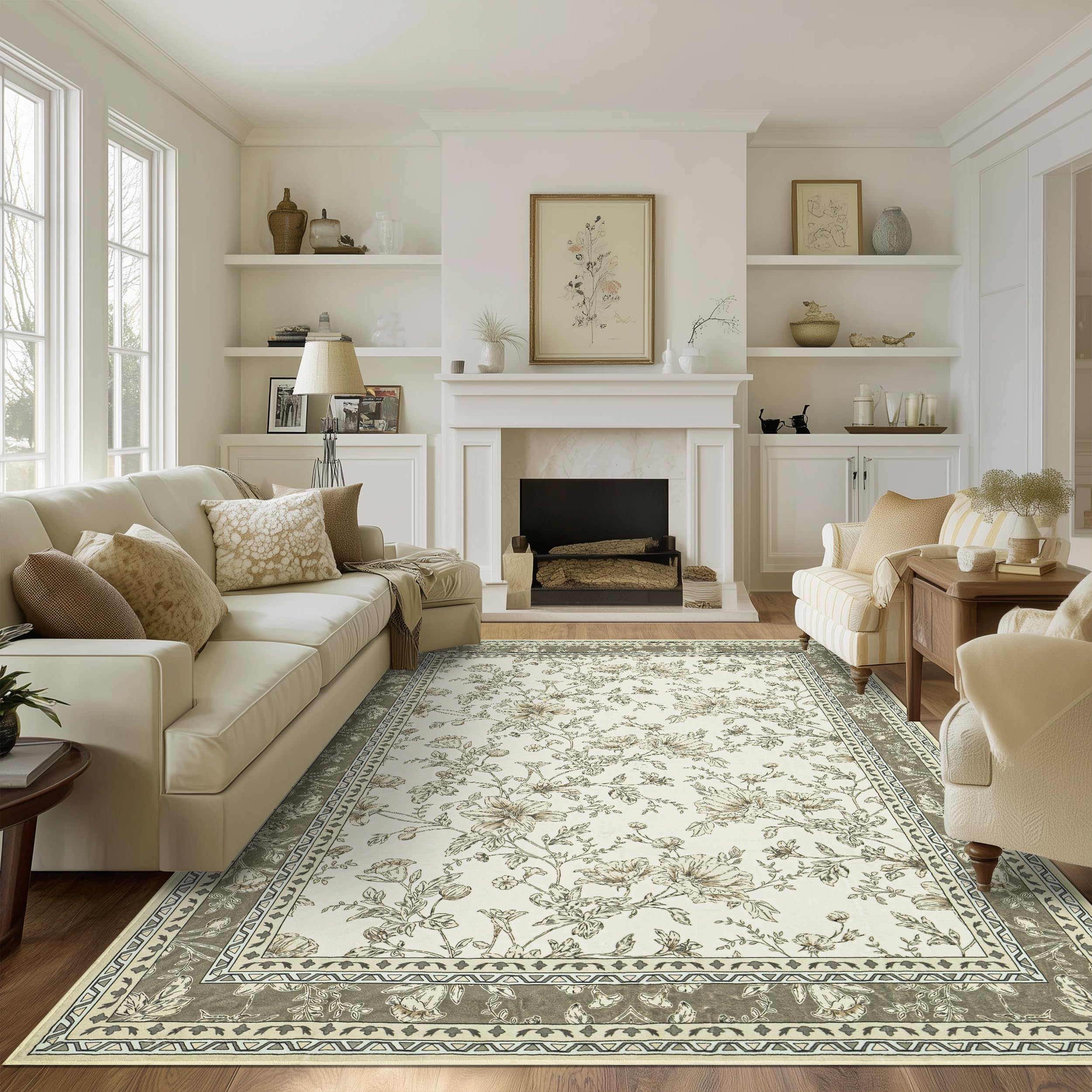 Boho Dining Room Rugs for Under Table 7x9 Washable Taupe Cream Beige Tan Floral Design Sketch Style Area Rug for Living Room, Low Pile Non-Slip for Bedroom Under Bed Aesthetic Boho Farmhouse Decor Image