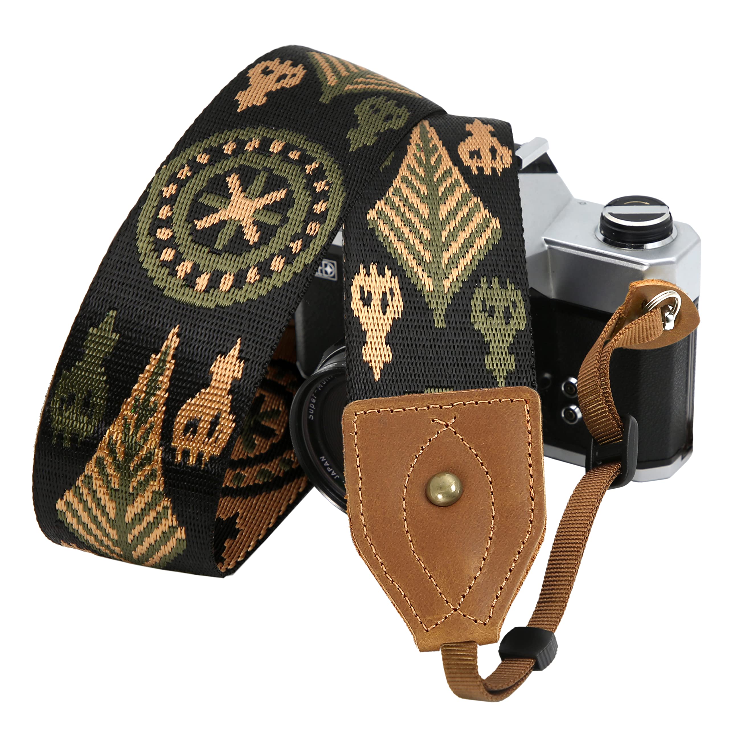 Padwa Lifestyle 2" Wide Classic Crazy Horse Art Cowhide Head Camera Strap - Jacquard Embroidery Floral Vintage Camera Straps for Photographers Gift, Adjustable Shoulder Neck Strap Fits DSLR Cameras — image 1