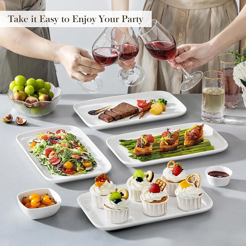 Assiettes Rectangulaires en Porcelaine, 4 Grandes Assiettes à Dessert Rectangulaire 30.7 x 18.5 cm, Plateau Aperitif Blanches en Céramique pour Repas Dîner Salon Dessert Sushis, Série Plat — photo 7 sur 7
