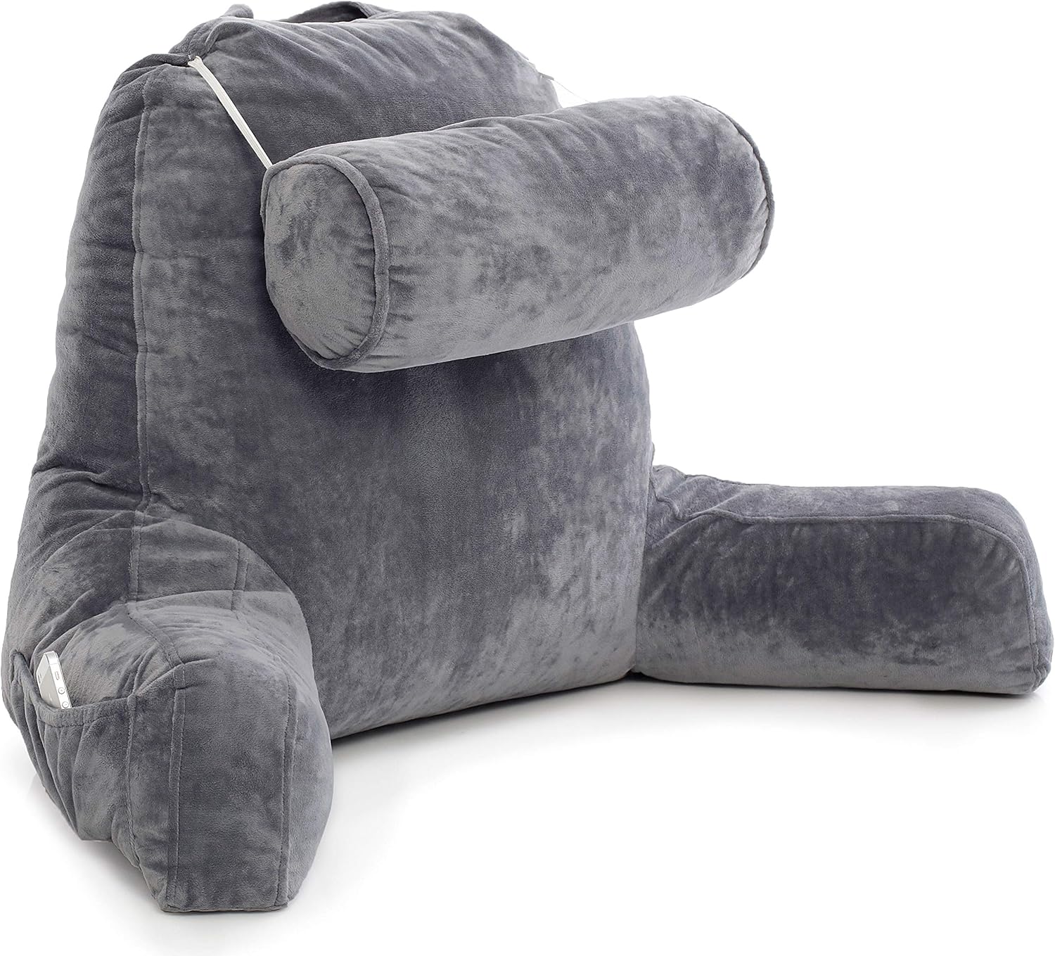 Husband Pillow - Dark Grey, Big Backrest Reading Bed Rest Pillow with Arms, Plush Memory Foam Fill, Remove Neck Roll Off Bungee, Change Covers, Zipper On Shell of Bed Chair for Adjustable Loft: Home & Kitchen