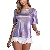 andy & natalie Women's Shiny Tops Holographic Metallic Shirt Shimmer Glitter Sparkle Party Disco Tee Shirt Blouse