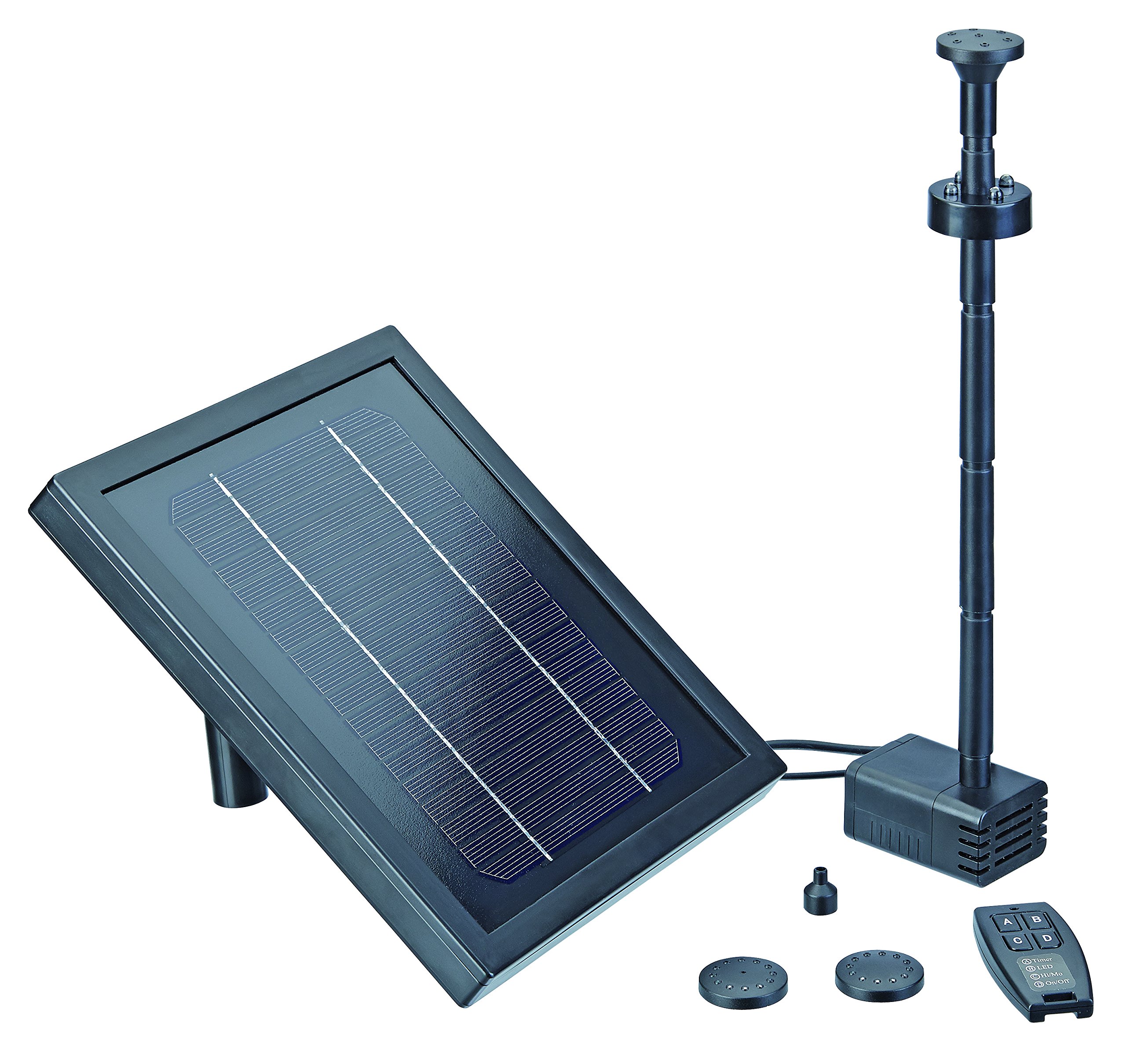 Pontec PondoSolar 250 Control - Solar Powered Water Feature Pump With LED Lighting, Remote Control, and Rechargeable Li-ion Battery - 60cm Fountain Height