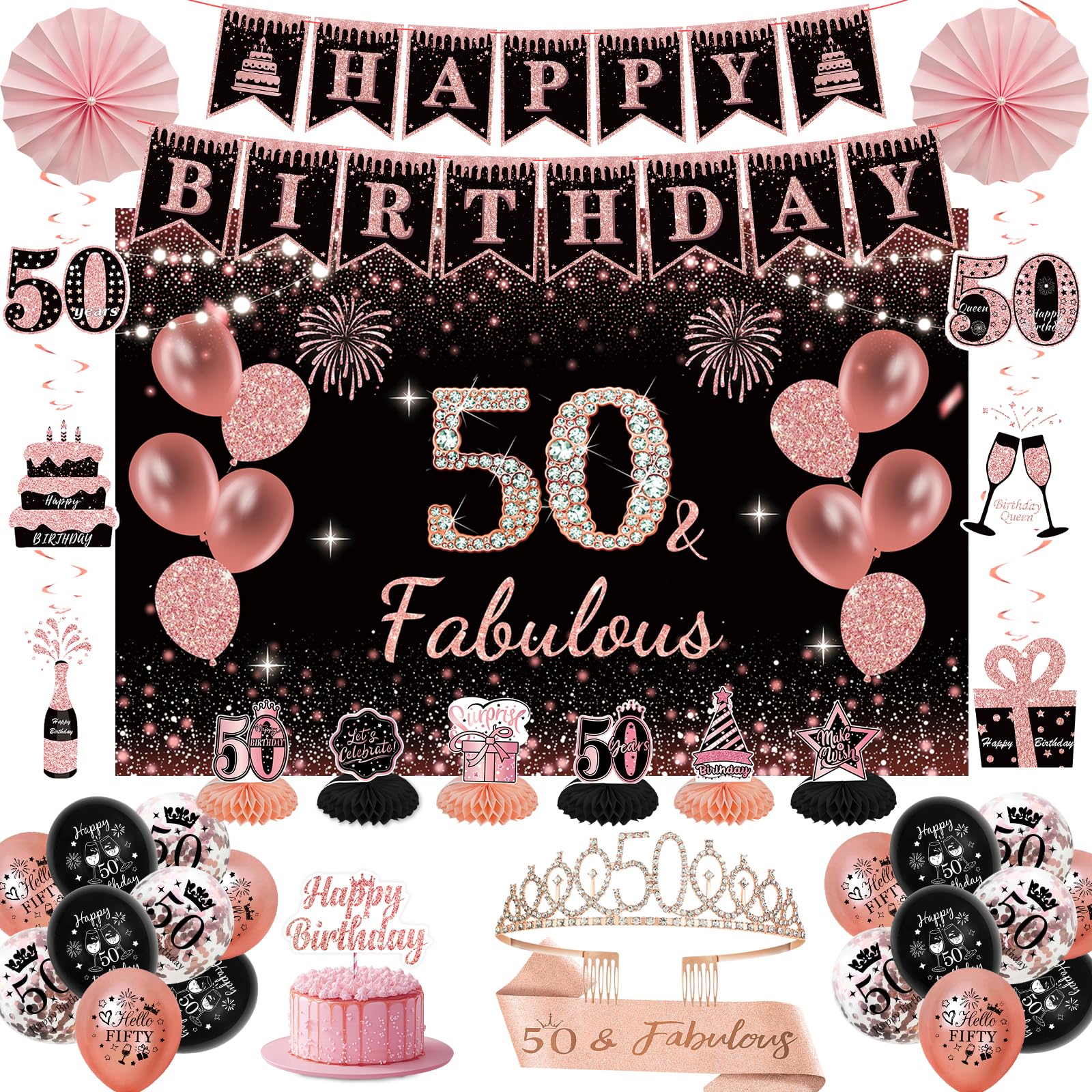 Photo 1 of 50th Birthday Decorations for Women - Rose Gold 37Pcs All-in-One Party Kit with Banner, Backdrop, Tiara, Sash, Cake Topper, Latex Balloons, Hanging Swirls, Centerpieces