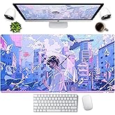 Anime Kawaii Desk Mat Mousepad Cute Japanese Large Gaming Mouse Pad XXL, Pastel Aesthetic Purple Blue Laptop Keyboard Mouse Mat, Magical Fantasy City Girl Gamer Computer Desktop Mat 31.5x15.75 in