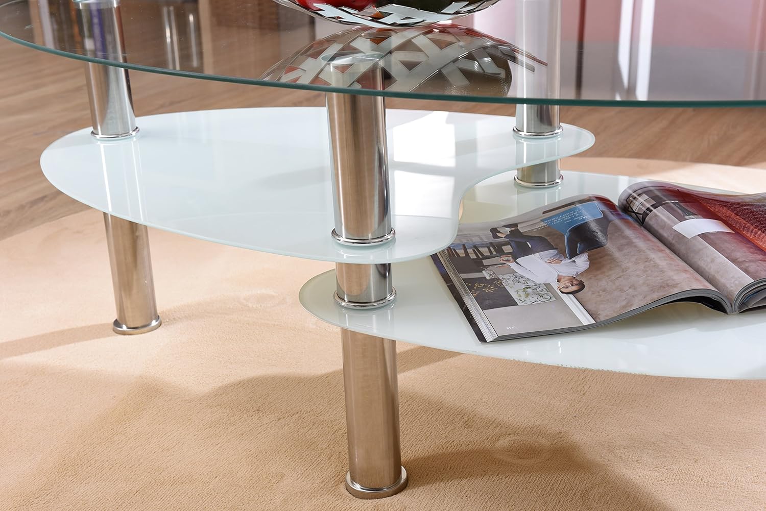 Hodedah Three Tier Oval Tempered Glass Coffee Table, Clear: Furniture & Decor