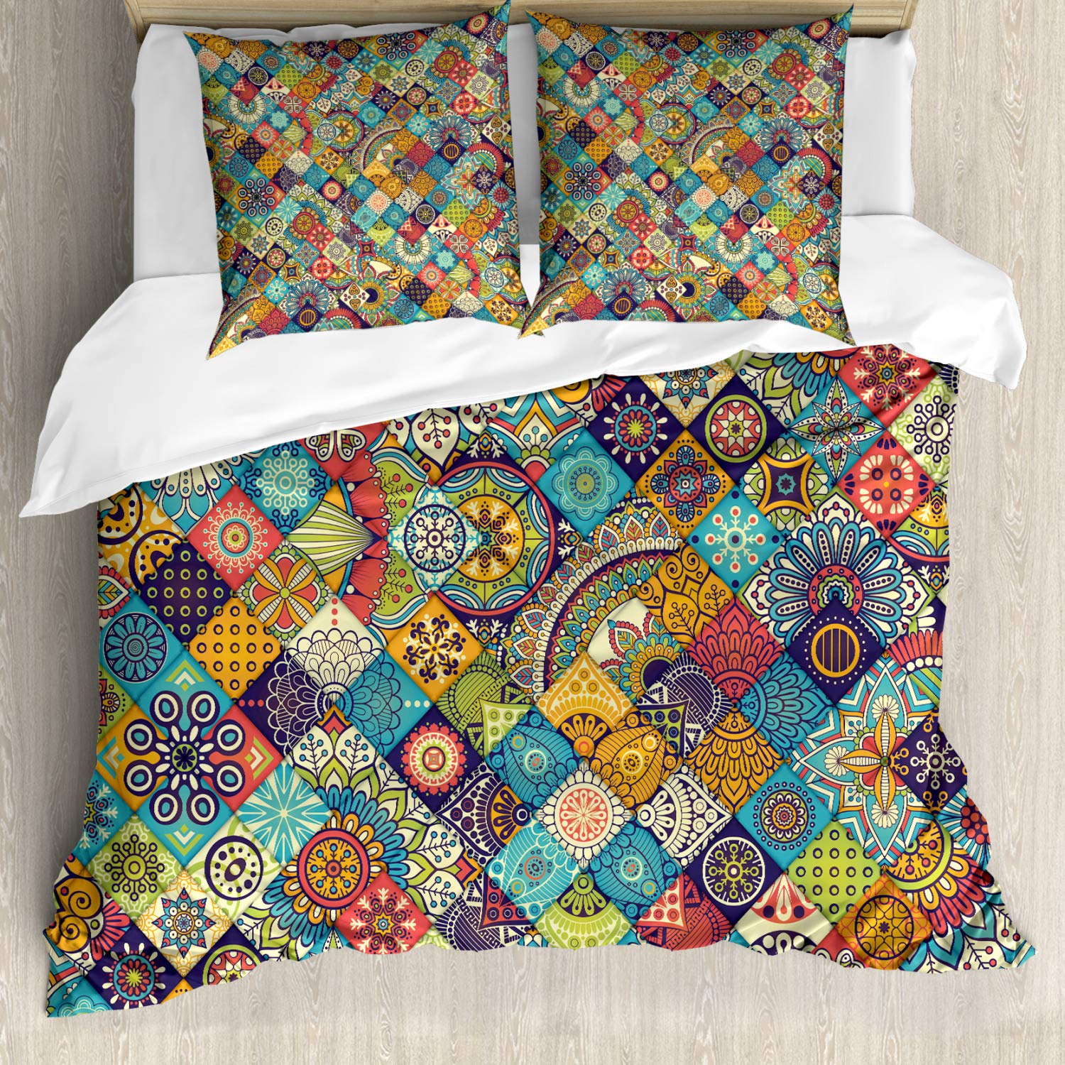 ABAKUHAUS Bohemian Duvet Cover Set, Geometric Pattern Ornamental Floral Folk Art Abstract, Bedding Set 3 Pieces with 2 Pillow Shams, 155 cm x 220 cm, Turquoise Red Brown — image 1
