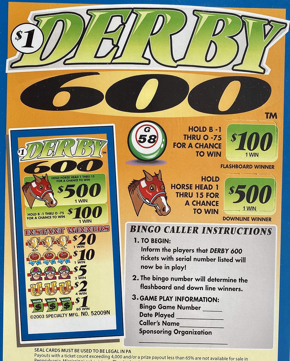 Derby 600 500 Horse Race Bingo Pull Tabs Games Sports & Outdoors