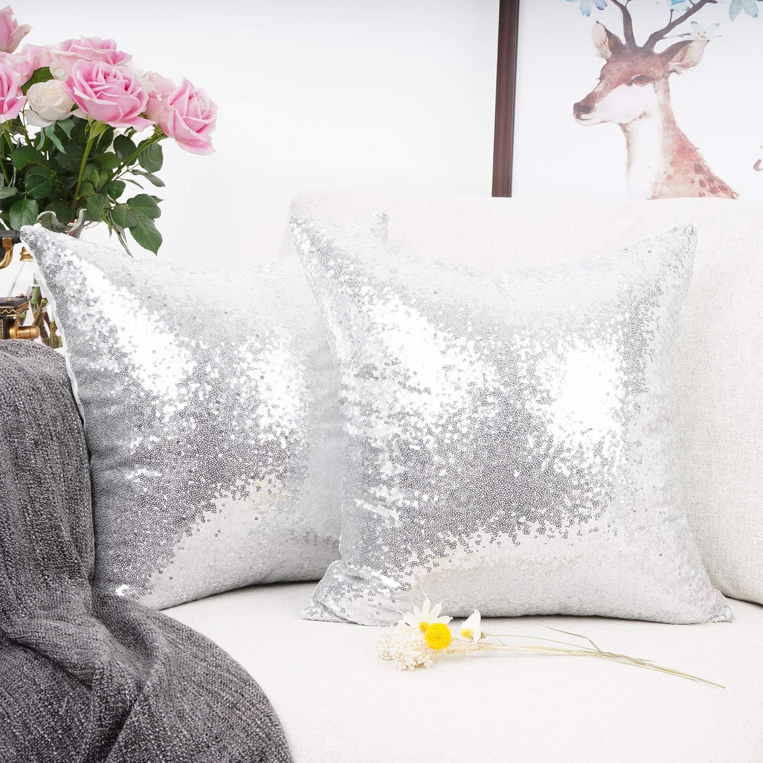 YOUR SMILE Pack of 2, New Luxury Series Silver Decorative Glitzy Sequin & Comfy Satin Solid Throw Pillow Cover Cushion Case for Wedding/Christmas,18" x 18": Home & Kitchen