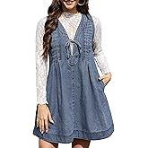 Chicovar Women's Denim Mini Dress V Neck Sleeveless Pleated Flowy Overall Dress Casual Loose Fit Jean Dress Tie Front