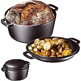 Heavy Duty Pre-Seasoned 2 In 1 Cast Iron Double Dutch Oven Set and Domed 10 inch Skillet Lid, Open Fire Camping Dutch Oven, N