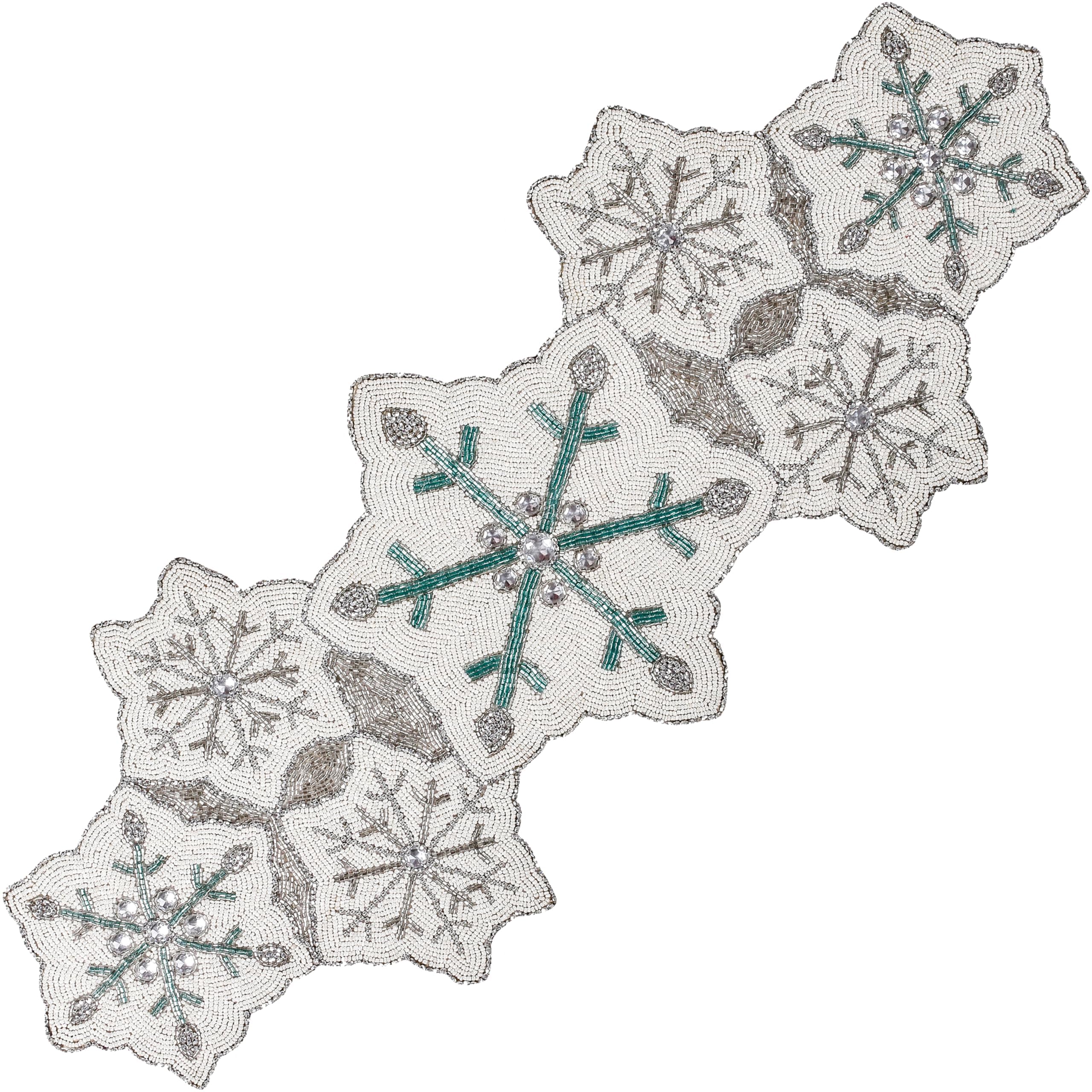 Beaded Table Runner Boho Handcrafted Table Runners Rustic Farmhouse for Bohemian Kitchen Dining, Premium Holiday, Christmas & Wedding Decor (White,Silver & Teal) - ALPHA Living HOME