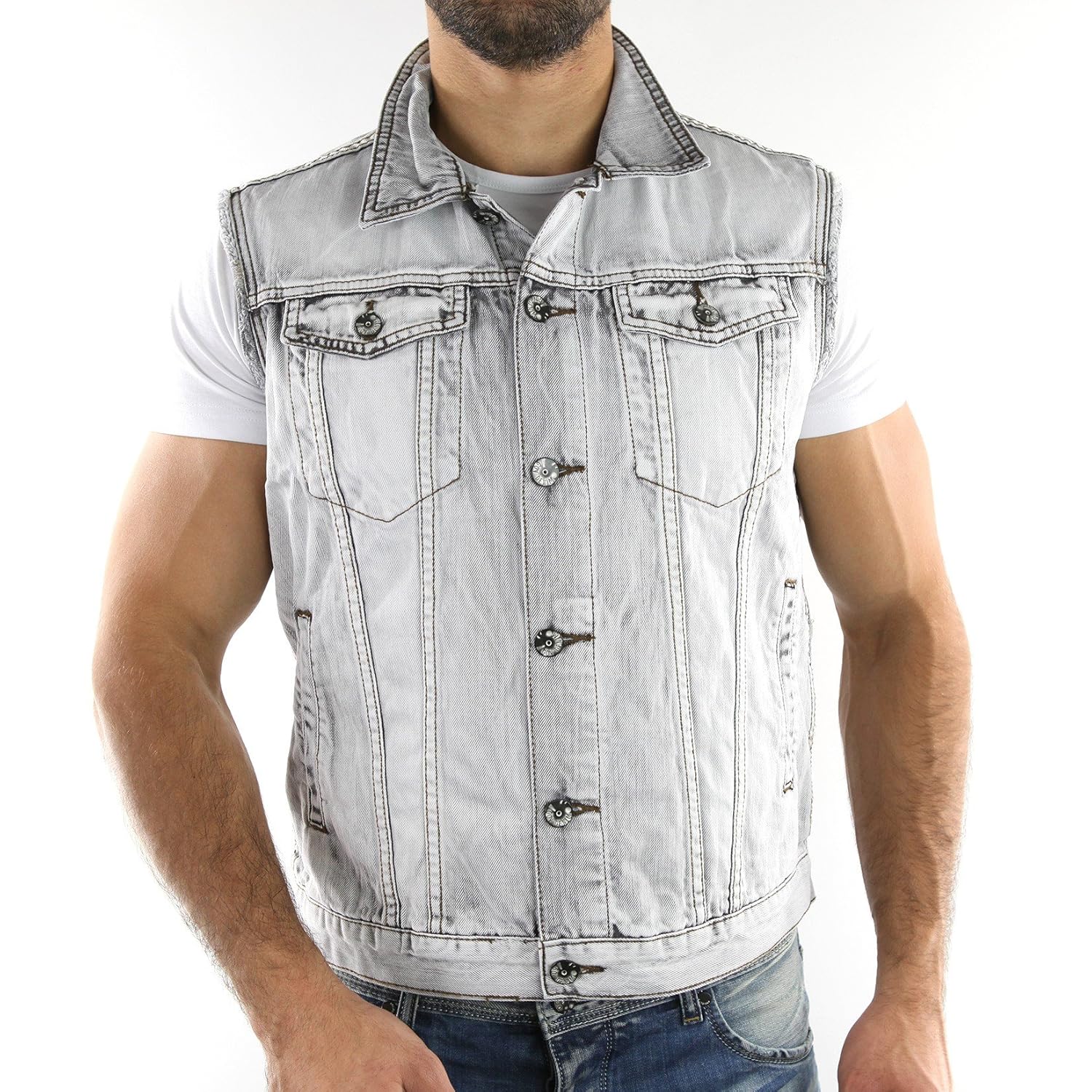 TD0483LGR Men`s Sleeveless Jean Jacket Gov Denim Fasion Light Grey Grey, XXLarge