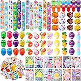 Simgoing 134 Pcs Easter Party Favors Bulk Easter Egg Fillers with Slap Bracelets Stampers Rings Make Your Own Stickers Easter Basket Stuffers for Easter Goodies Bags Classroom Crafts Prize Supplies