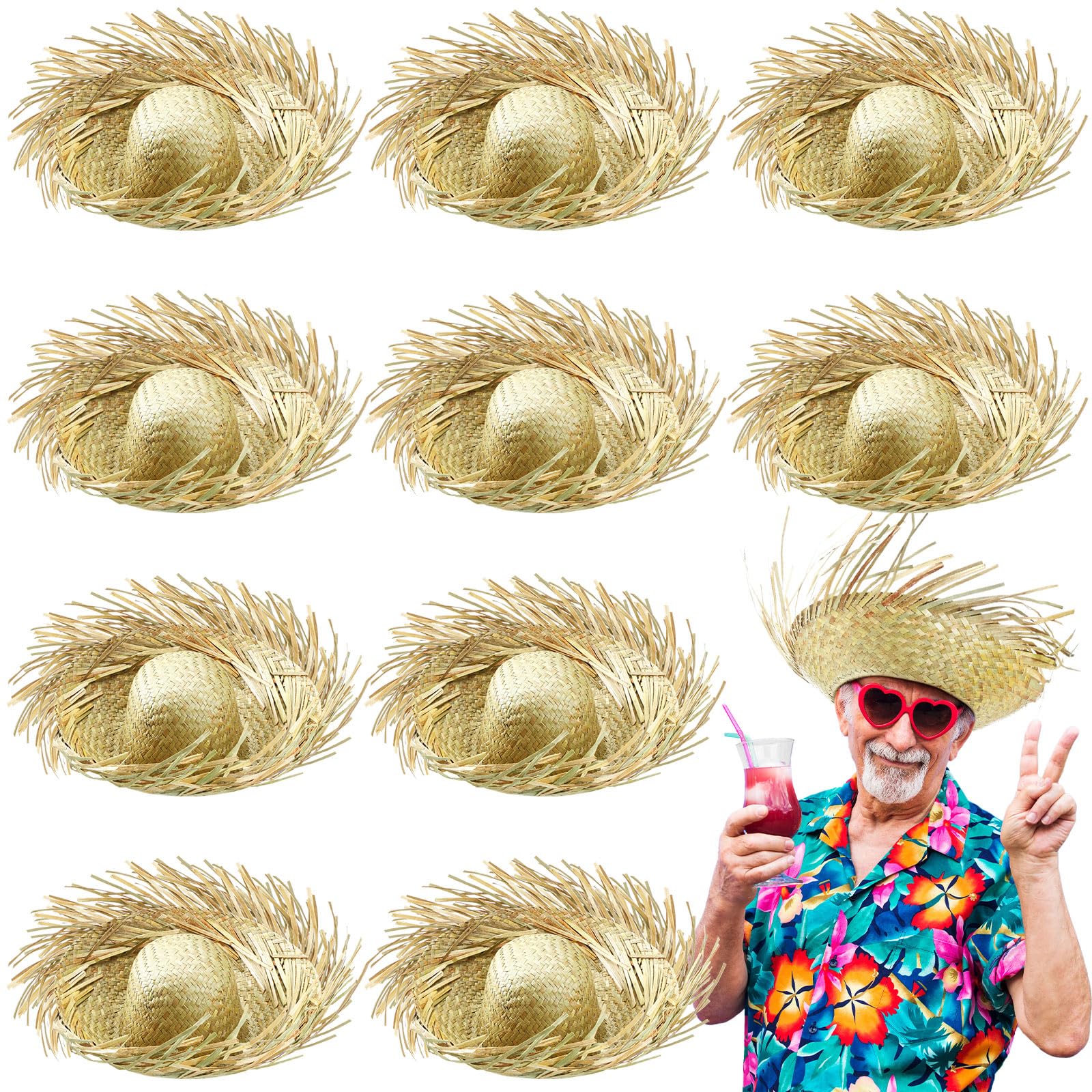 Photo 1 of Hercicy 10 Pcs Adult Hawaiian Luau Straw Hats Funny Beachcomber Farmer Hats for Halloween Party Costumes Accessories Decor(Khaki)
