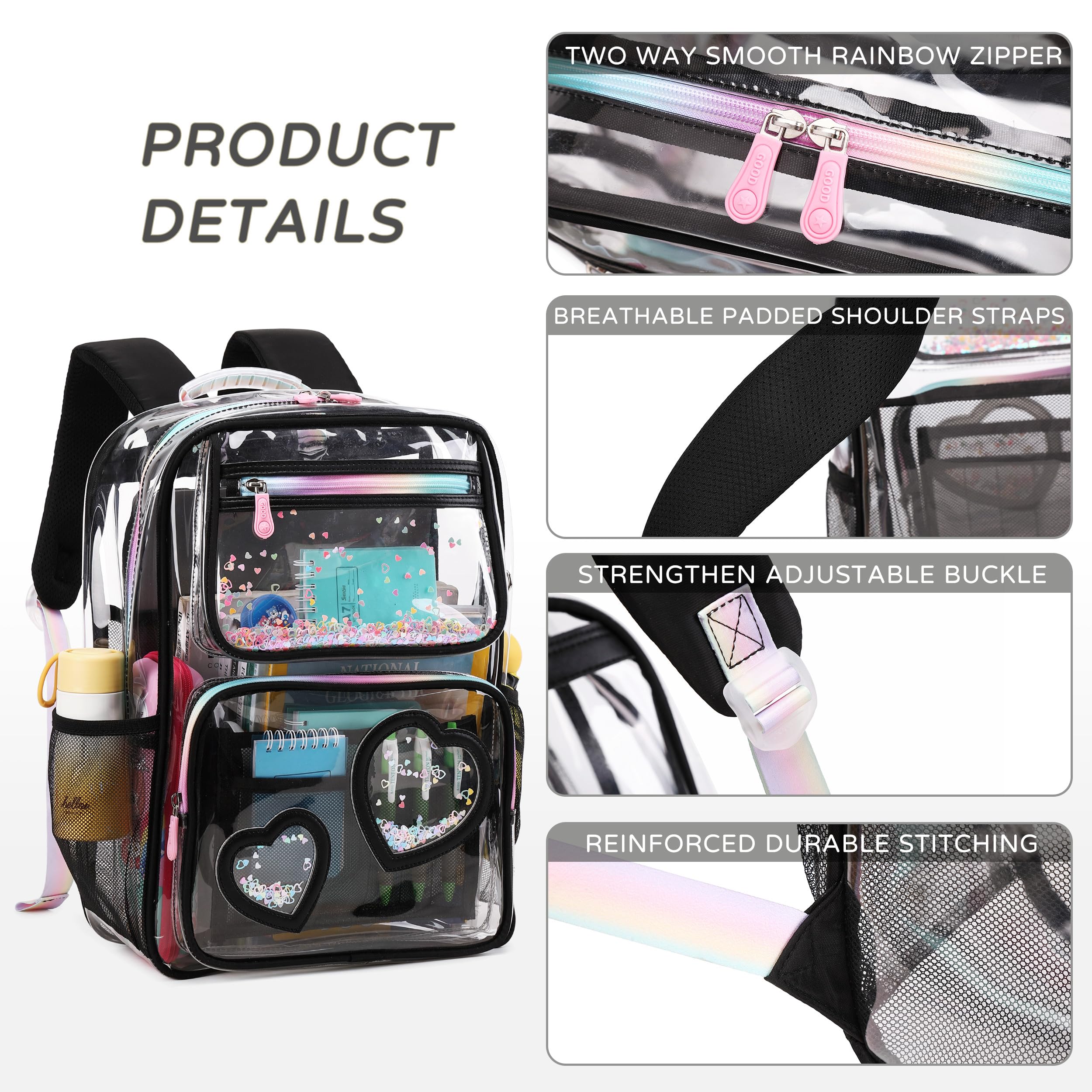 Clear Backpack for Girls Women Transparent Kids Elementary College School Bag Travel Laptop Backpacks Large Bookbags (Black)