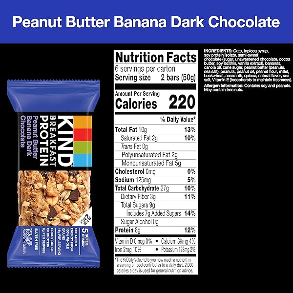 KIND BREAKFAST PROTEIN BARS, PEANUT BUTTER BANANA DARK CHOCOLATE, GLUTEN FREE, LOW SODIUM, HEALTHY SNACKS, 8G PROTEIN, 6 COUNT (6 PACKS OF 2 BARS)