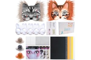 J6&H6 DIY Therian Mask Kit with Exclusive Ghost Stickers, Blank Cat Mask,Felt Fabric Sheet, Faux Fur and Eye Mesh Suitable for Halloween，Ghost Role-Playing Parties
