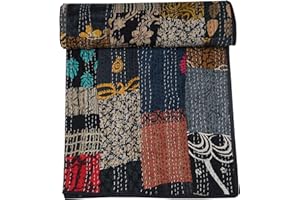 Marubhumi Blankets Handmade Cotton Quilts Kantha Blanket Indian Silk Sari Patchwork Quilts Black - Baby 40 x 60