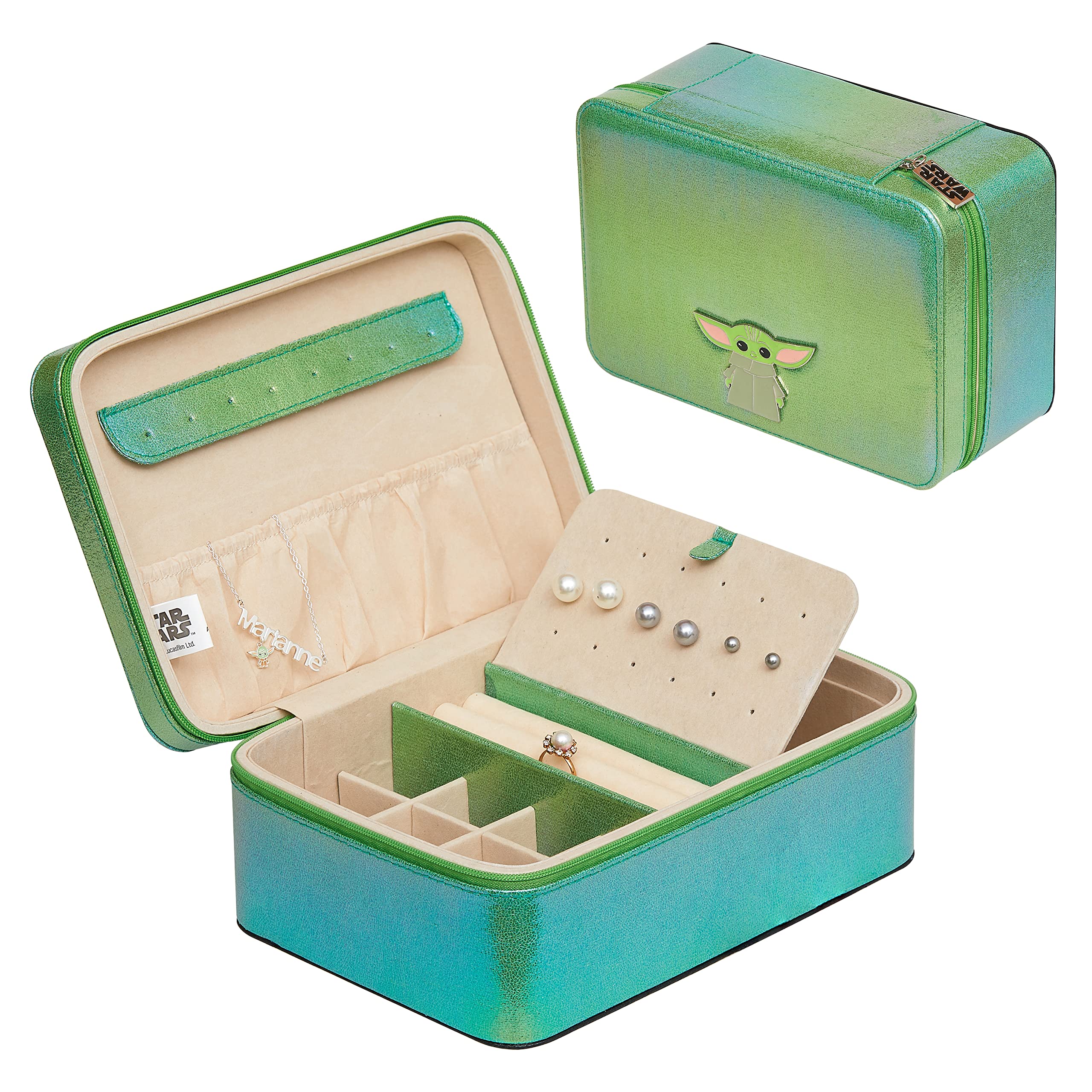 Star Wars The Mandalorian Grogu Metallic Zip Around Travel Jewelry Box Jewelry Organizer, Officially Licensed