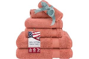 American Veteran Towel, 6 Piece Towel Set for Bathroom Clearance Prime, 100% Cotton Turkish Bathroom Towels, 2 Bath Towels 2 Hand Towels 2 Washcloths, Coral