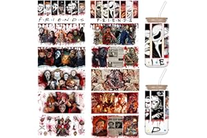 CIYAOO 12 Sheets Halloween UV DTF Cup Wraps for 16 OZ, Scary Movie Characters Rub on Transfers for Crafts, Halloween Transfer Stickers for Glass Cups, Horror UV DTF Decals, Waterproof Cup Wraps for DIY Craft