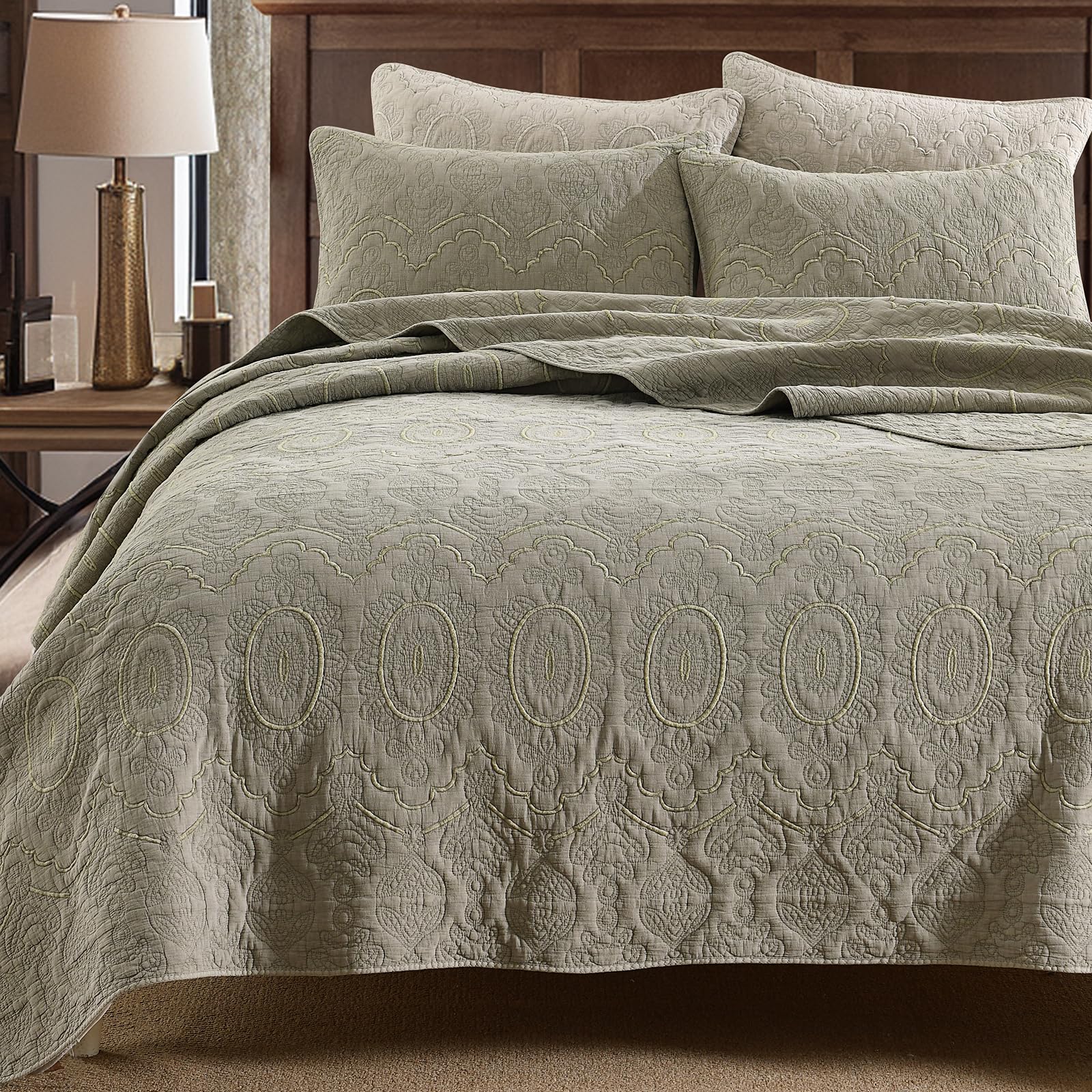 HORIMOTE HOME Cotton Quilt King Size, Green Jacquard Embossed Quilt Set King Size Soft Lightweight Stonewashed Bedspread Coverlet, Vintage Farmhouse Style Quilt Bedding Set for All Season, 3 Pieces