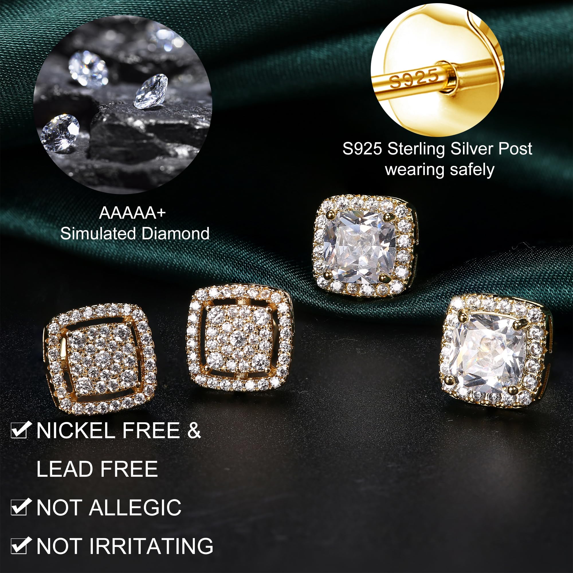 Dochais Cubic Zirconia Stud Earrings for Men Women, 14K Gold Plated Hypoallergenic 925 Sterling Silver Post Earrings Set, Iced Out Round & Square CZ Studs, Simulated Diamond Halo Earrings