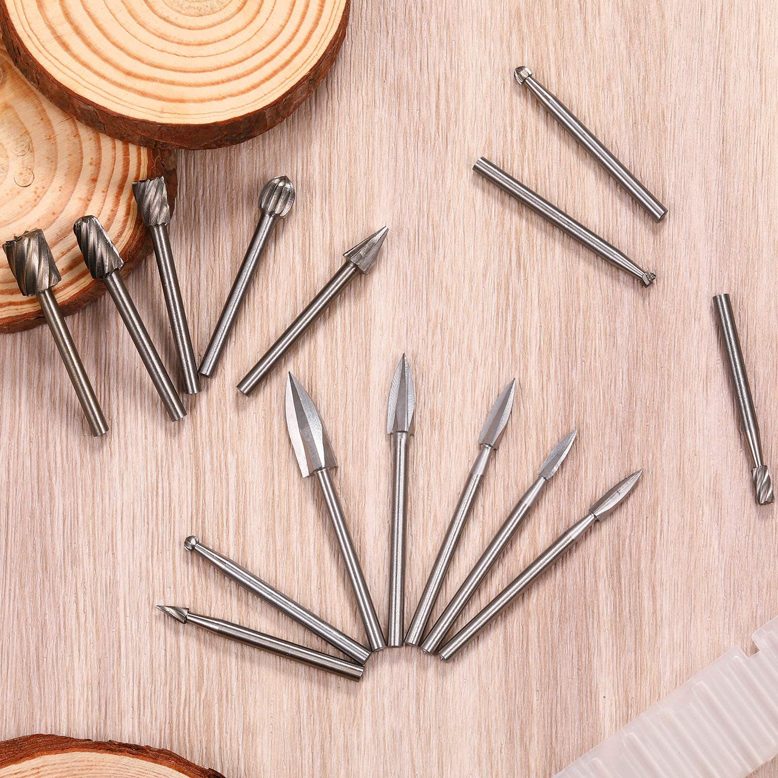 Honoson 15 Pieces Wood Carving and Engraving Drill Bit Set, Including Engraving Drill Accessories Bit and HSS Carbide Wood Milling Burrs for DIY Crafts Supplies