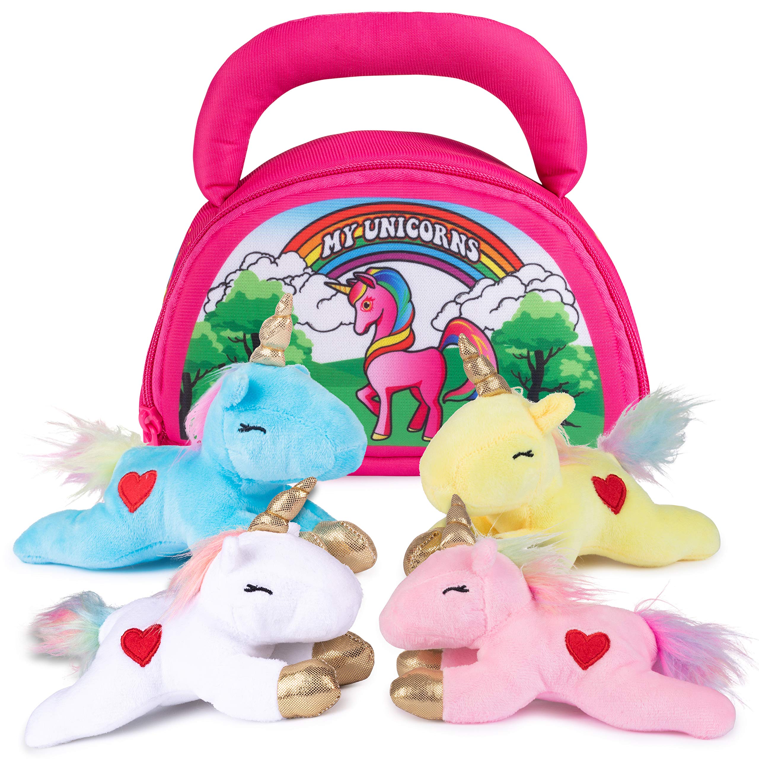 Plush Creations Unicorn Plush Toy Set Includes 4 Talking Soft Stuffed Unicorns For Girls, Pink, Blue, White, And Yellow Unicorn With A Plush Pink Carrier, Great Gift For Baby And Toddler