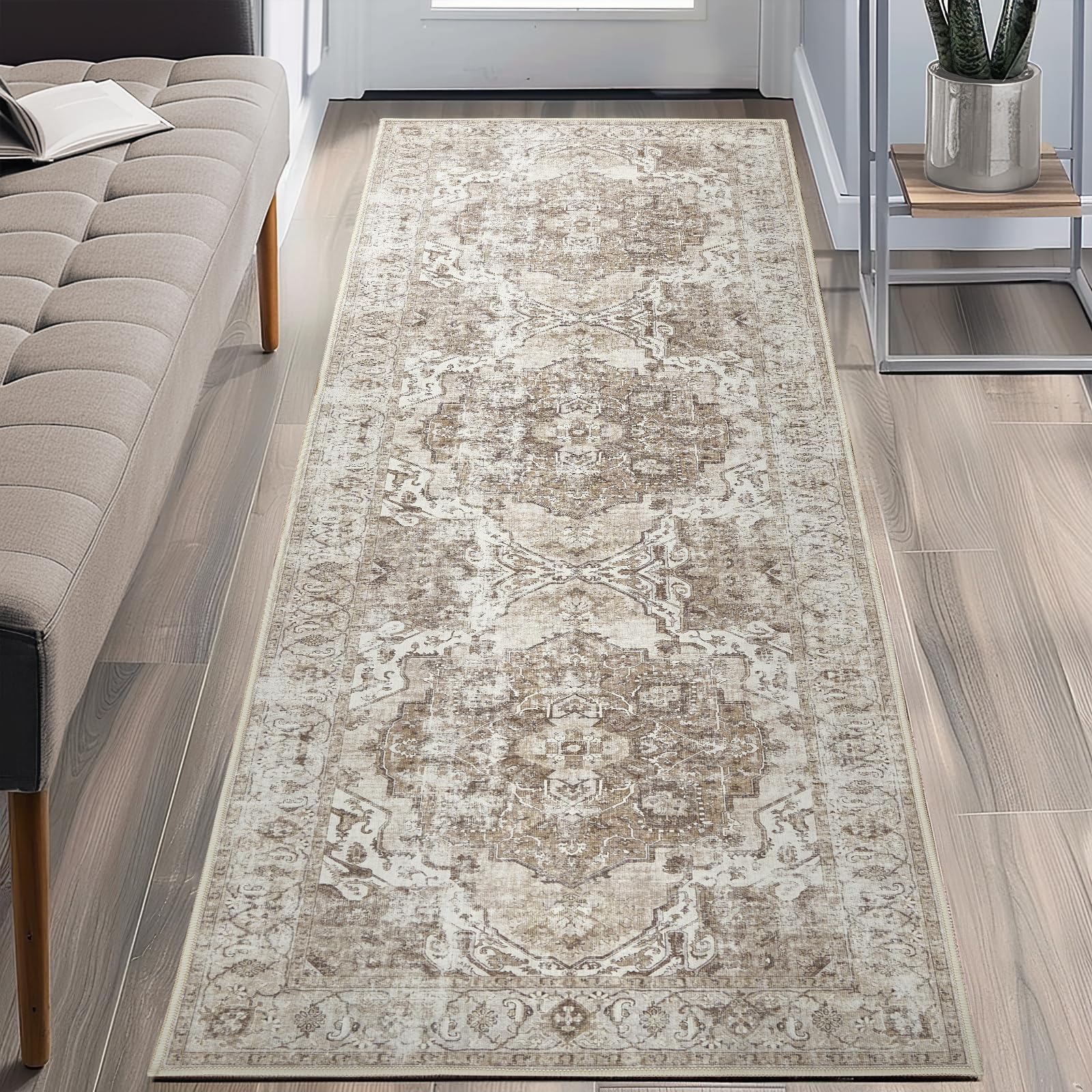 TOPICK Runner Rug 60x180cm Hallway Runner Entrance Washable Vintage Taupe Rug Thin Non Slip Carpet for Kitchen Bathroom Bedroom