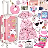Doll Suitcase Travel Sets, 18 inch Doll Clothes and Accessories - 28 Pcs Travel Pillow, Unicorn Bag, Sunglasses, Camera, Computer, Phone, Passport, Birthday Gifts for Age 3 4 5 6 7 Year Old Girls