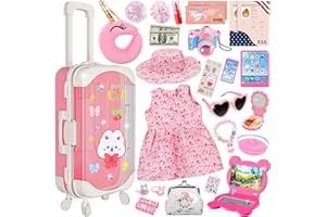 XFBB Doll Suitcase Travel Set, 18 inch Doll Clothes and Accessories - 28 Pcs Travel Pillow, Unicorn Bag, Sunglasses, Camera, Computer, Phone, Passport, Birthday Gift for Age 3 4 5 6 Year Old Girls
