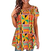 Afibi Womens Print Shirt African Dashiki Short Sleeve V Neck Loose Tunic Tops