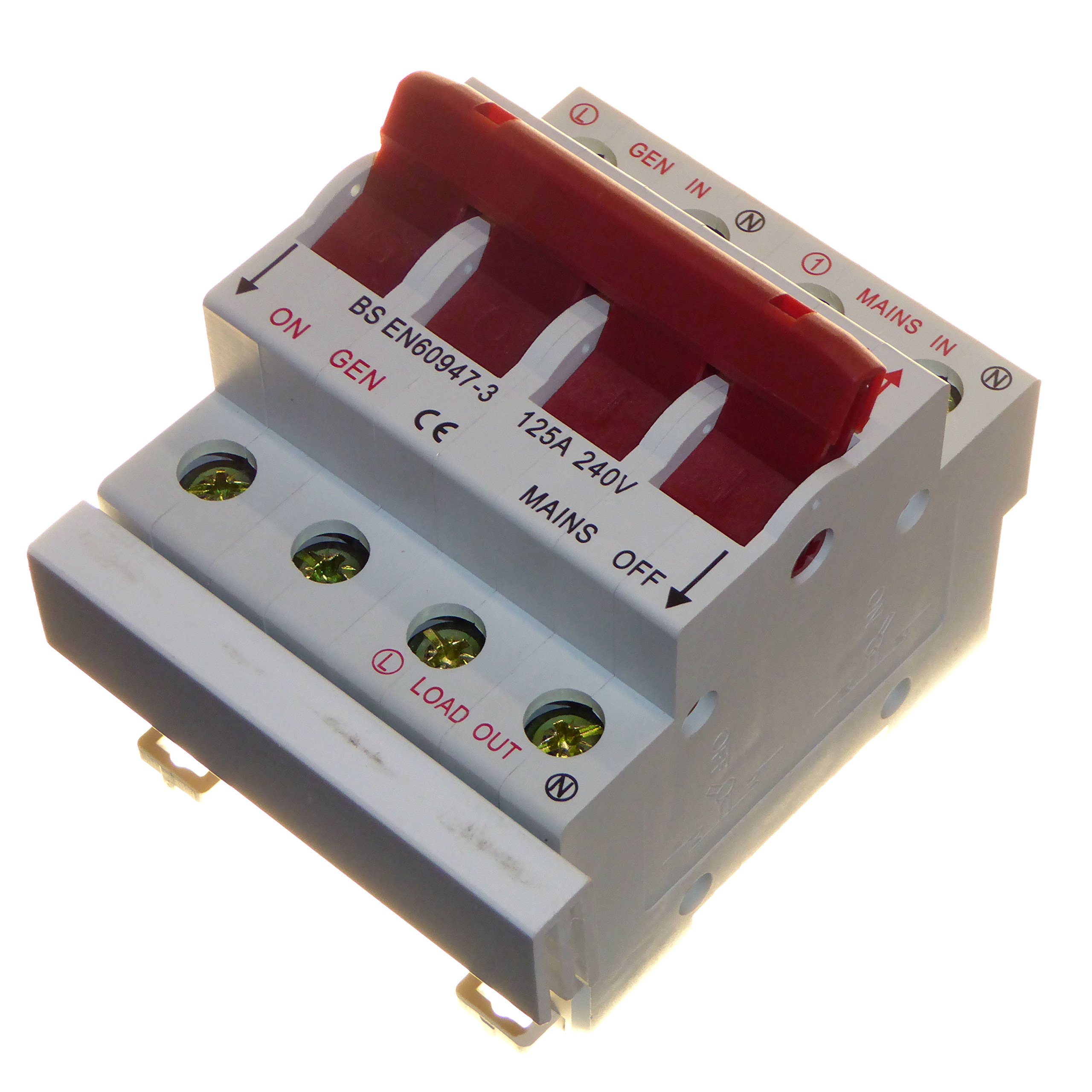 125 Amp Changeover Switch with Busbar, Generator / Mains Transfer, Single Phase, Din Rail Mount
