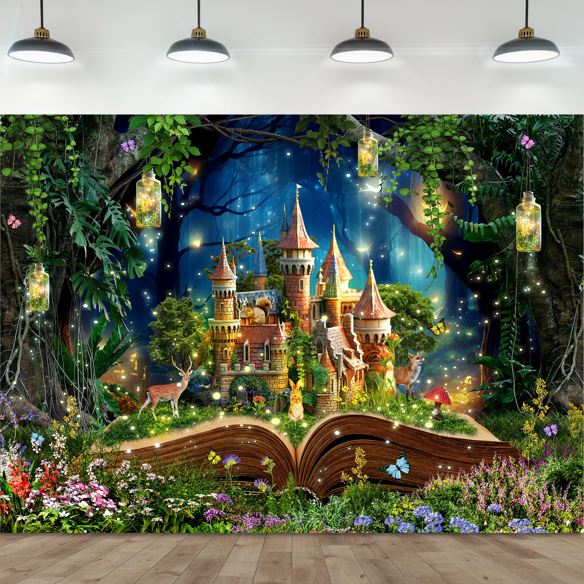 Photo 1 of Omifly Fairy Castle 7Wx5H Backdrop for Photography Greenery Enchanted Woodland Tale Wonderland Garden Fantasy Tree Books Background Party Decorations Cake Table Banner Decor Photo Booth Studio Props