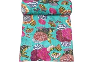 Marubhumi Indian Handmade Stitched Pure Cotton Fruit Print Kantha Quilt, Reversible Kantha Quilt (C Green, King (108"x 108"))