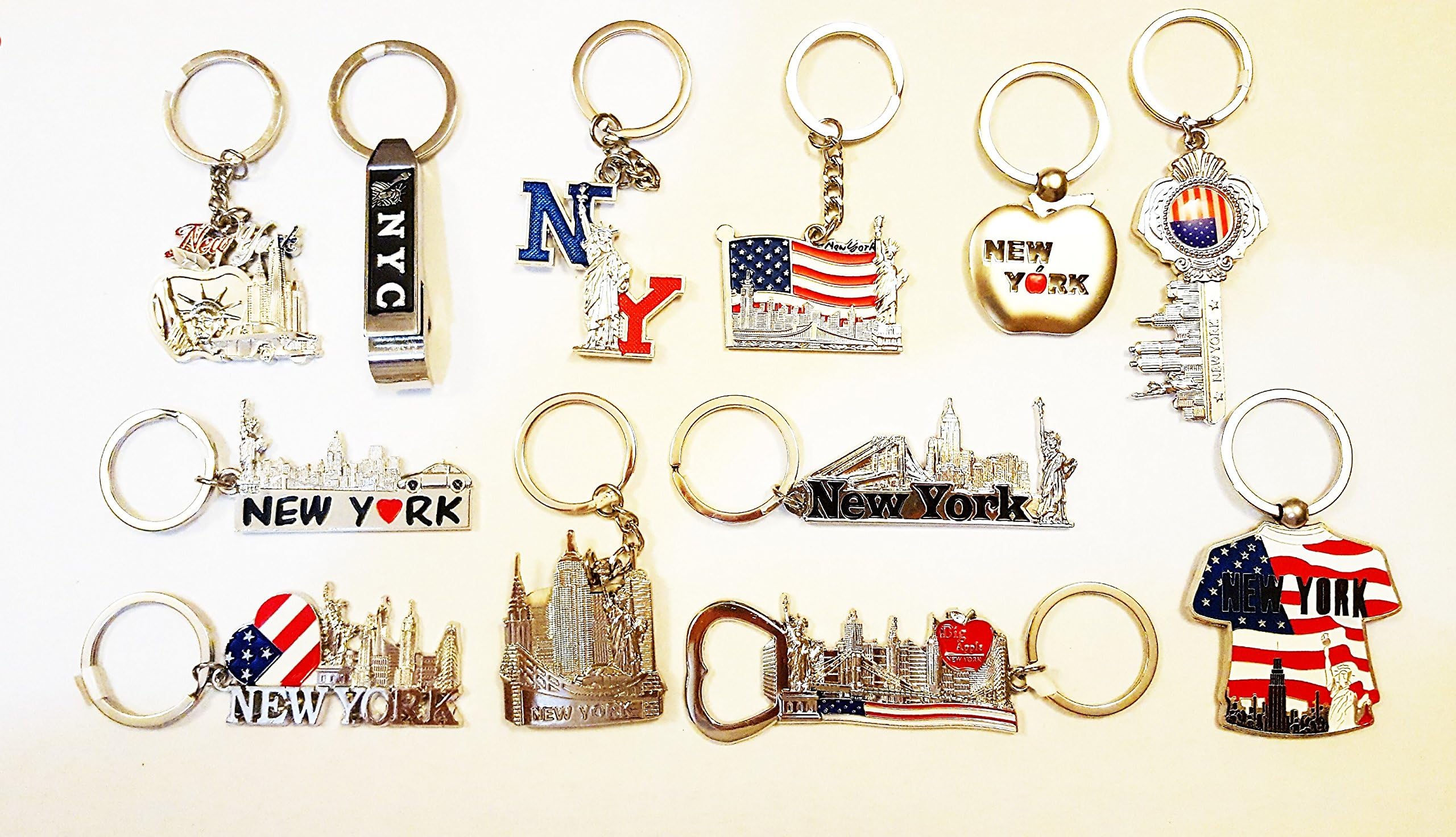 12 Metal NYC Keychains/New York City Metal Key Rings (Statue of Liberty, Empire State Building, World Trade Center)