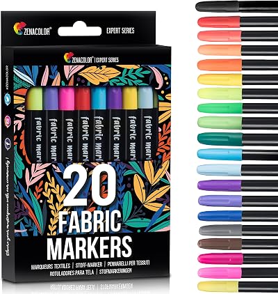 Zenacolor 20 Fabric Markers Set - Non Toxic Fine Point Textile Pens