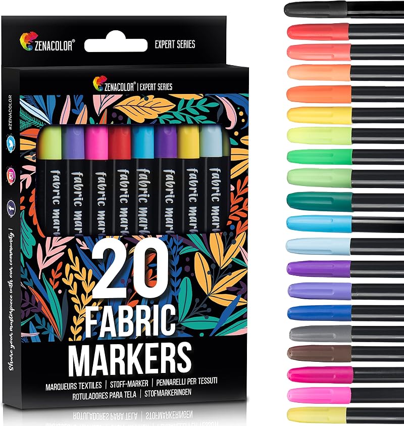 Zenacolor 20 Fabric Markers Set - Non Toxic Fine Point Textile Pens