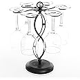 MyGift Black Metal Countertop Wine Glass Holder with Scrollwork Design, Freestanding Tabletop Stemware Storage Rack with 6 Hooks
