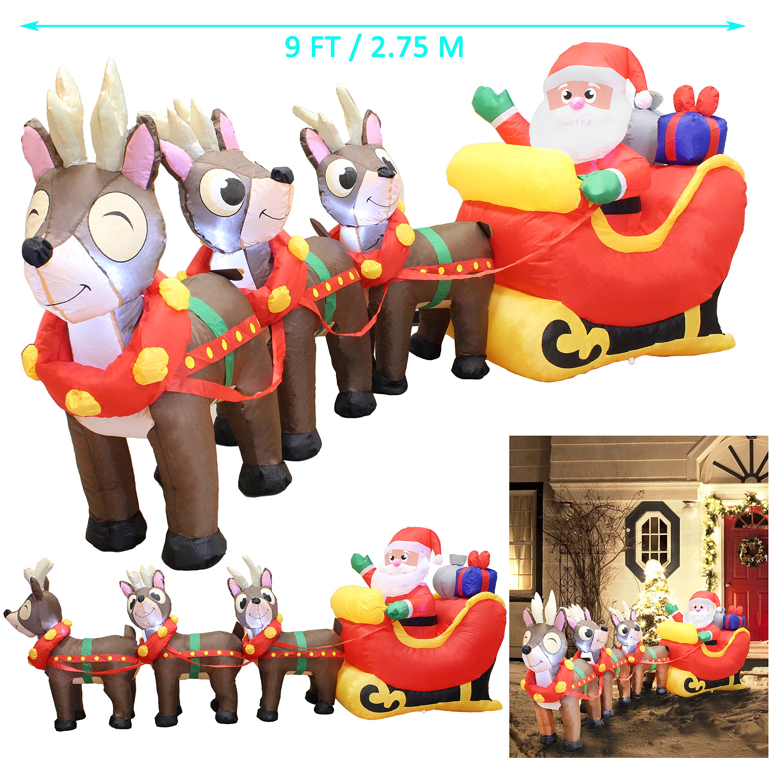 Joiedomi 9.5 Foot Inflatable Santa Claus on Sleigh with Three Reindeer