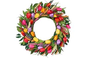 MAINGKAUNG Spring Wreath 22 Inch Artificial Summer Wreaths Tulip Wreath for Front Door with Yellow Tulip Eucalyptus Leaves pu