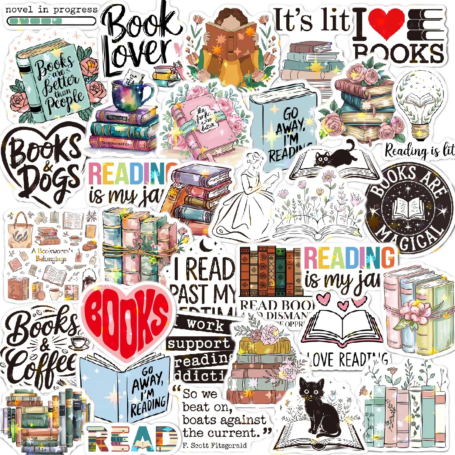 50Pcs Holographic Bookish Stickers
