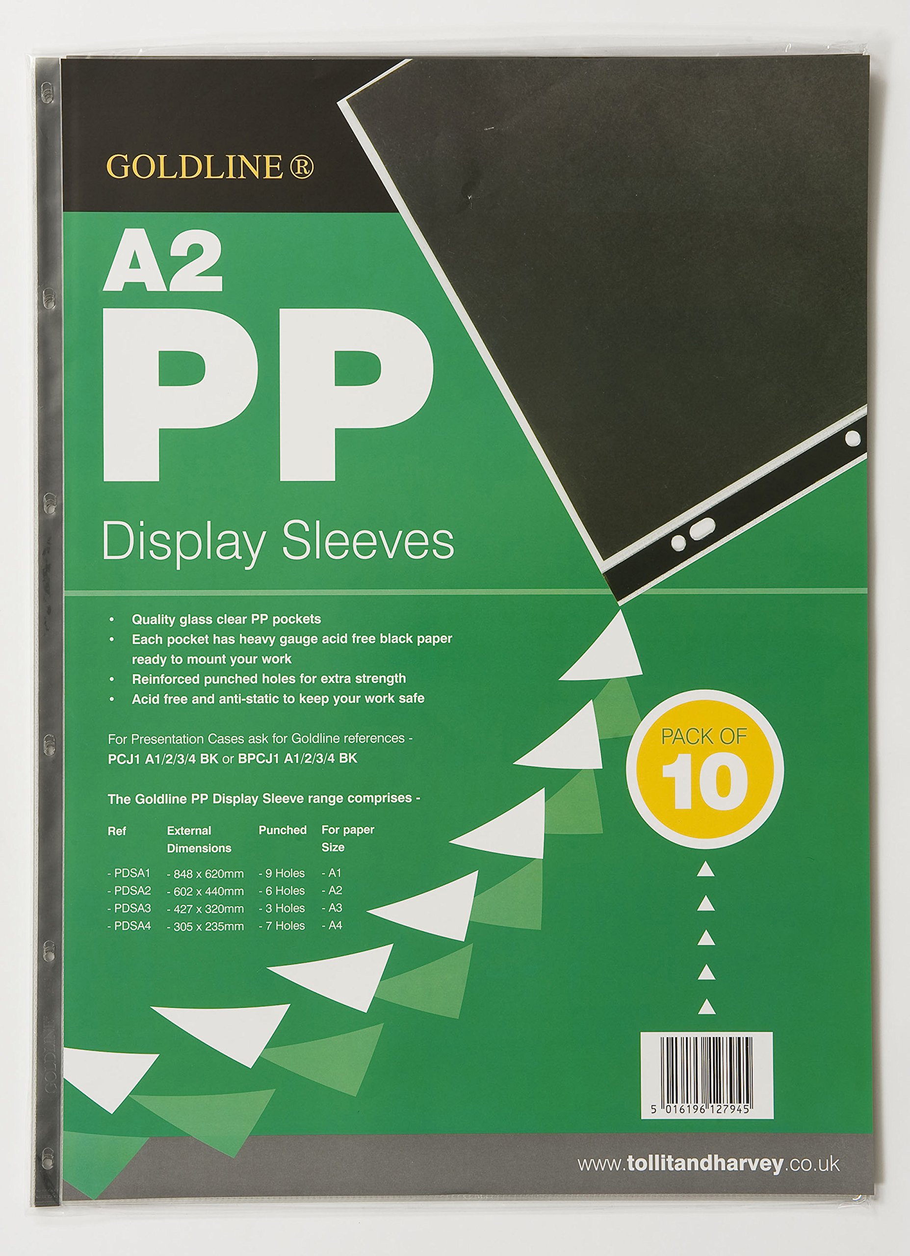 Clairefontaine - Ref PDSA2Z - Goldline Transparent Display Sleeve Pockets (Pack of 10 Pockets) - A2 Size (610 x 450mm), 6 Holes, 150 Microns Thick, PVC Material