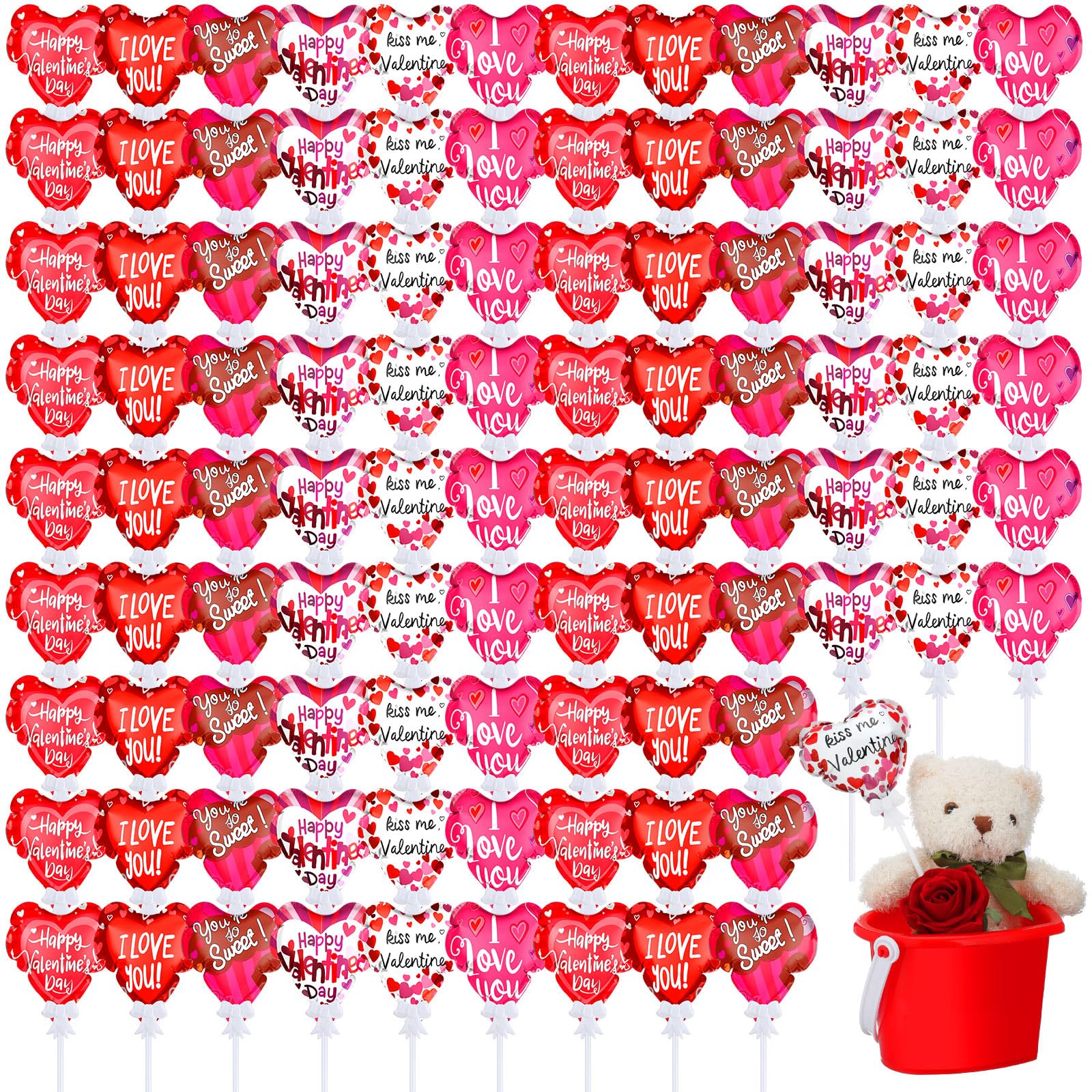 Photo 1 of Gemscream 100 Pcs Valentine's Day Heart Balloons 4 Inch Mini Foil Self Inflating I Love You Balloons with Rod for Valentines Engagement Wedding Party Romantic Decorations(Cute)