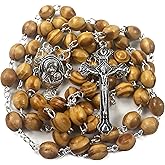 Nazareth Store Catholic Prayer Rosary Olive Wood Beads Necklace Holy Soil Medal & Metal Cross Velvet Gift Bag