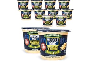 Muscle Mac Microwavable Macaroni & Cheese Cups - Aged Sharp White Cheddar Cheese - Made With Real Cheese & Butter from GrassFed Cows - Vegetarian-Friendly Pea Protein - 3.6 oz. (Pack of 12)