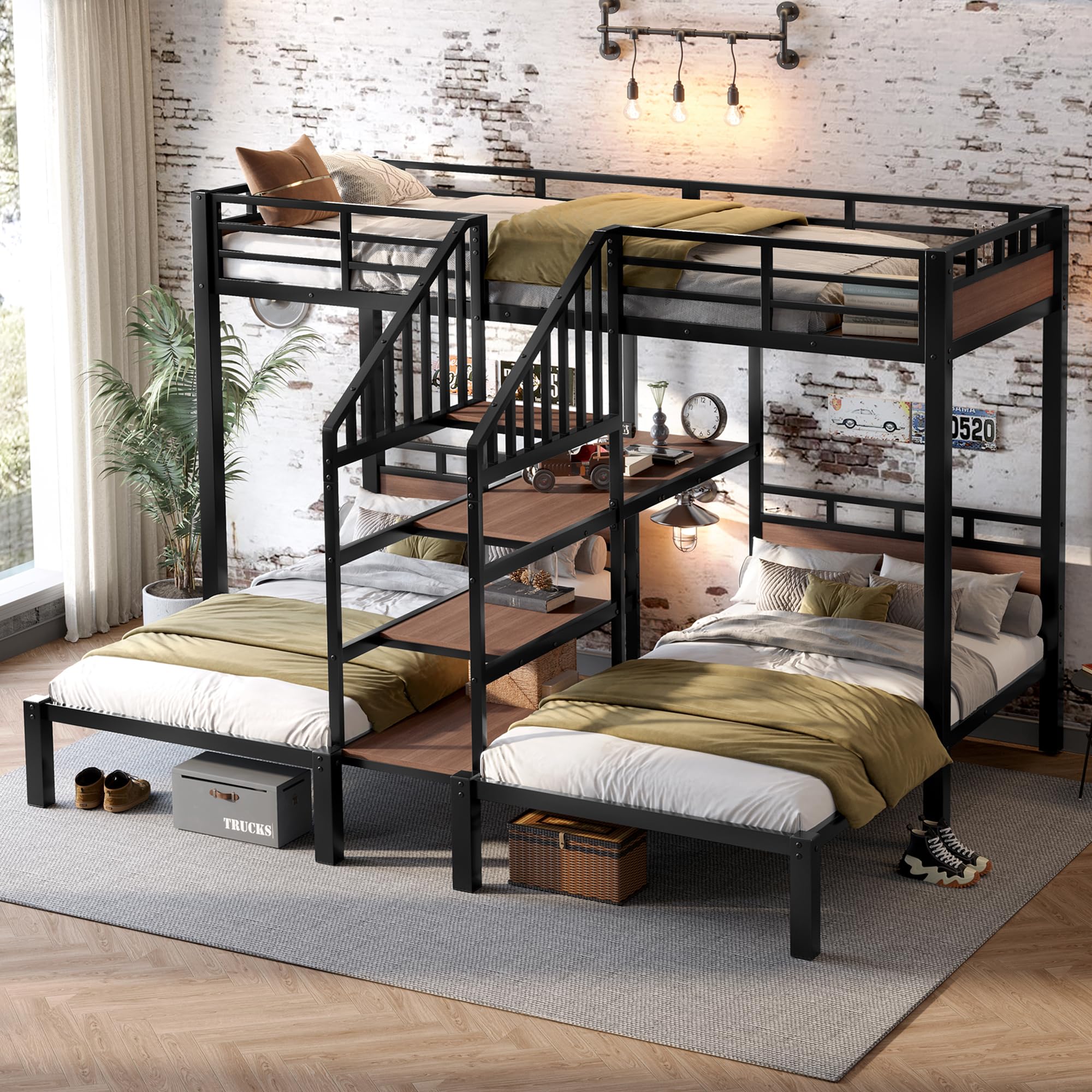 Photo 1 of ***MISSING PARTS -SELLING AS INCOMPLETE*** Bellemave Twin Over Twin Over Twin Bunk Bed with Shelf and Storage Stairs, Heavy Duty Triple Bunk Beds with Safety Guardrails, Metal Triple Bunk Bed Frame for 3 Kids, Teens, Black