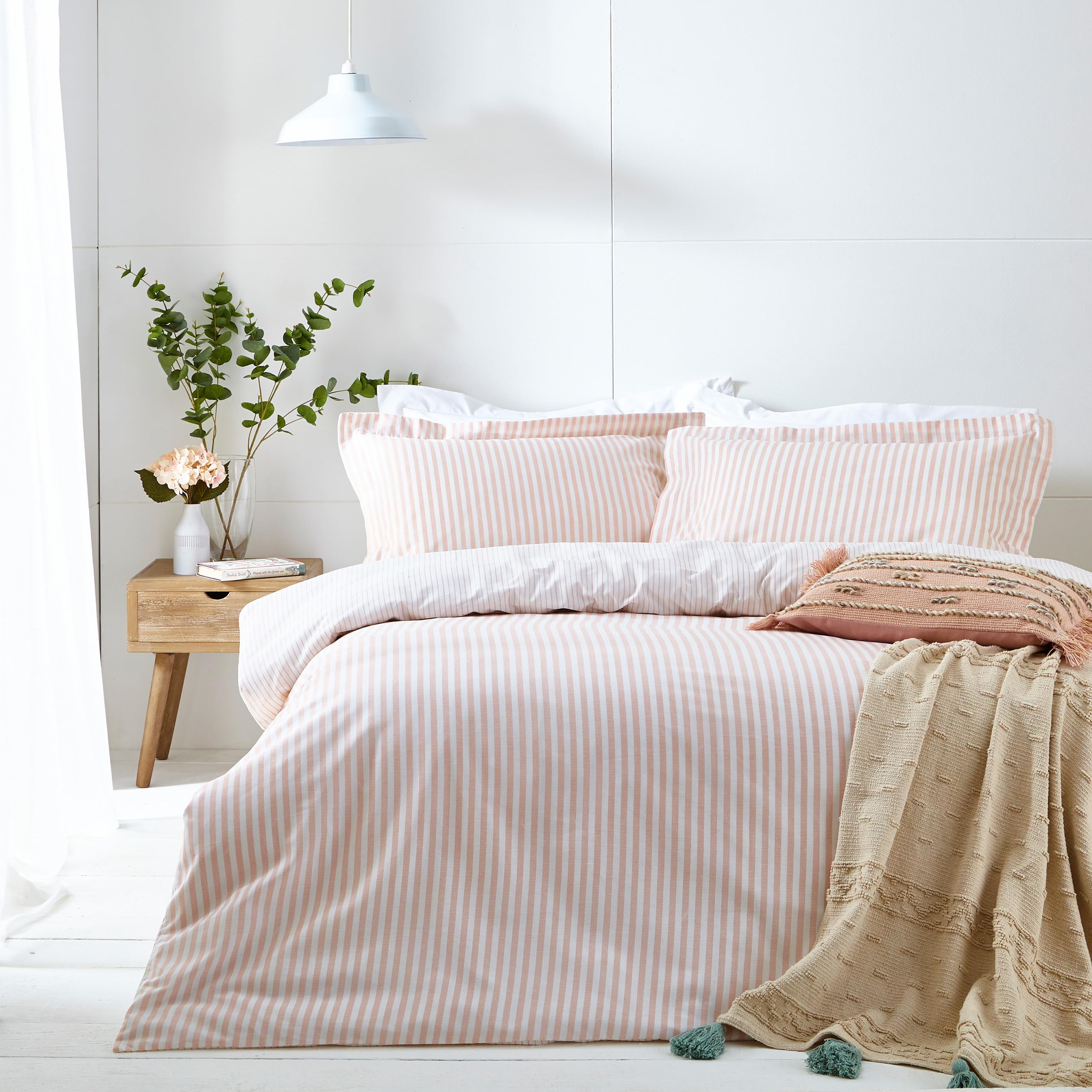 furn. Yard Hebden 100% Cotton Stripe Duvet Cover Set – Reversible Striped Bedding (Blush, Super King)